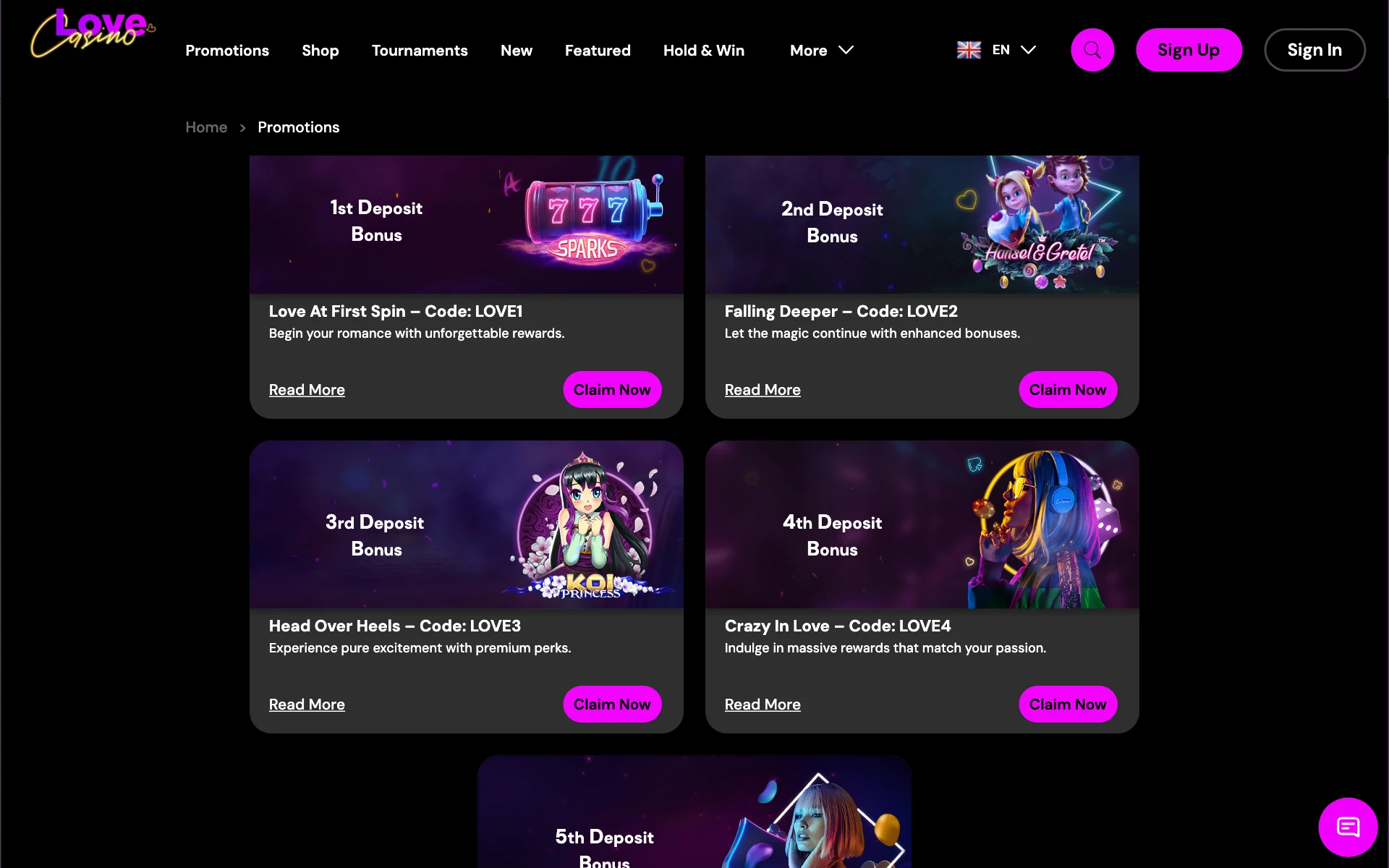 Love Casino promotions page with the first four deposit bonuses