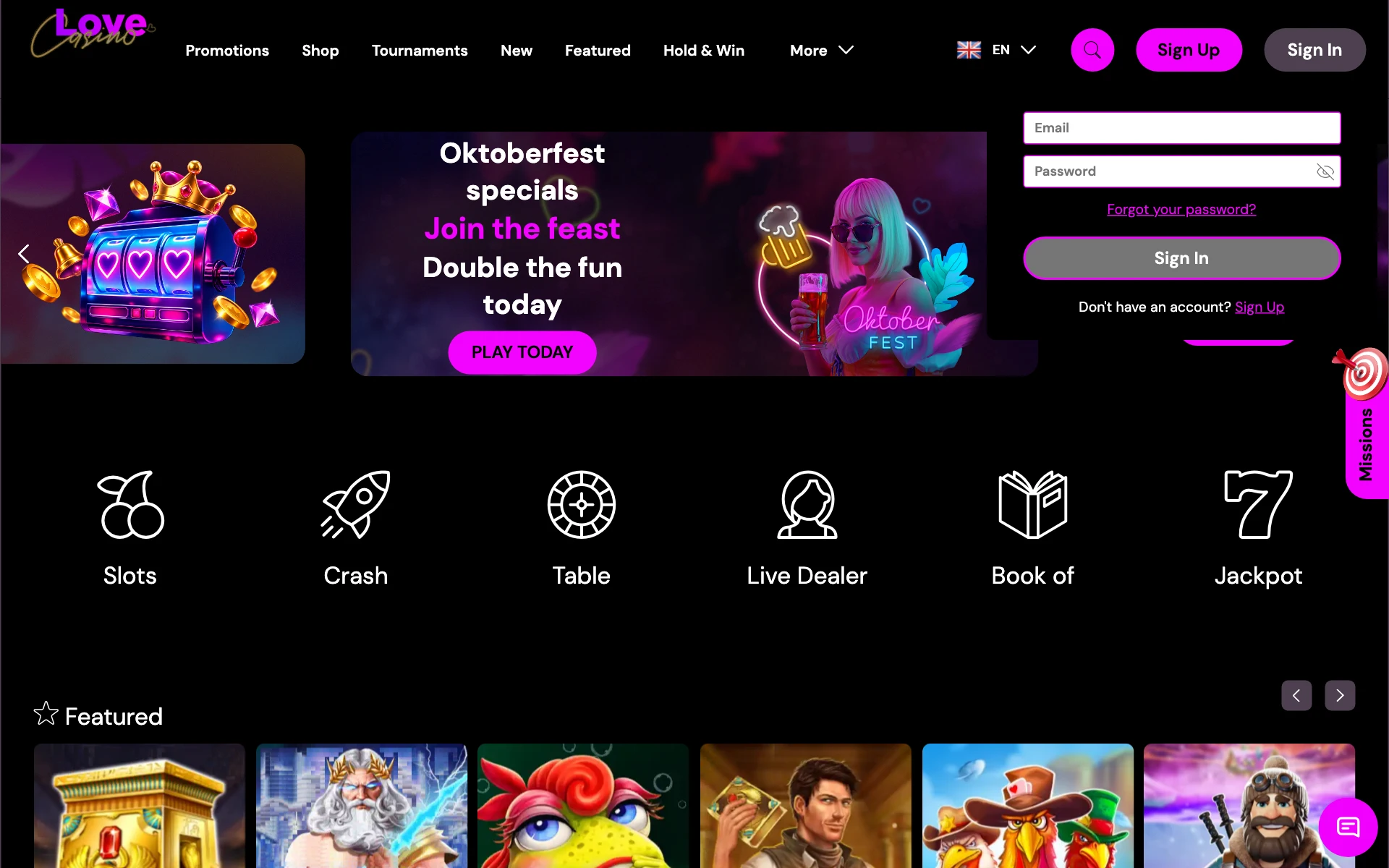Love Casino sign-in form over the home page